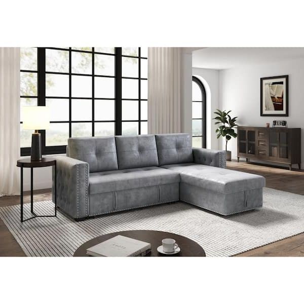 Z Joyee 91 In. Gray Polyester Full Size 3 Seat Sectional Sofa Sofa Bed, 2 Seats  Sofa And Reversible Chaise With Storage F Fb857214862 – The Home Depot Regarding 3 Seat Sofa Sectionals With Reversible Chaise (Gallery 17 of 20)