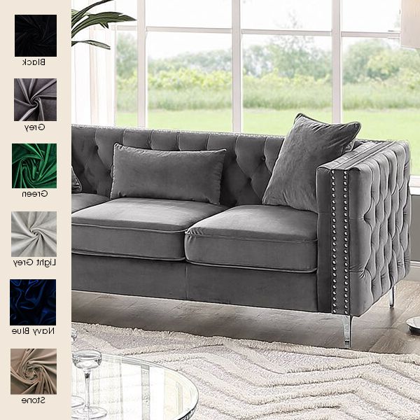 Zanna Deep Button Velvet Couch – Lifestyle Home With Light Gray Velvet Sofas (Gallery 17 of 20)