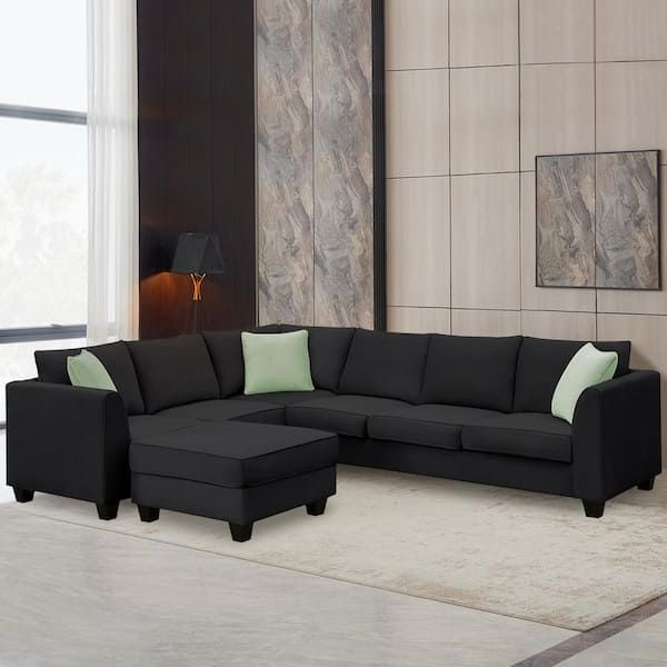 Zeus & Ruta Modular 112 In. W L Shaped 7 Seats Fabric Sectional Sofa With  Ottoman And 3 Pillows In Black Gs008210aab – The Home Depot With Regard To 7 Seater Sectional Couch With Ottoman And 3 Pillows (Gallery 12 of 20)
