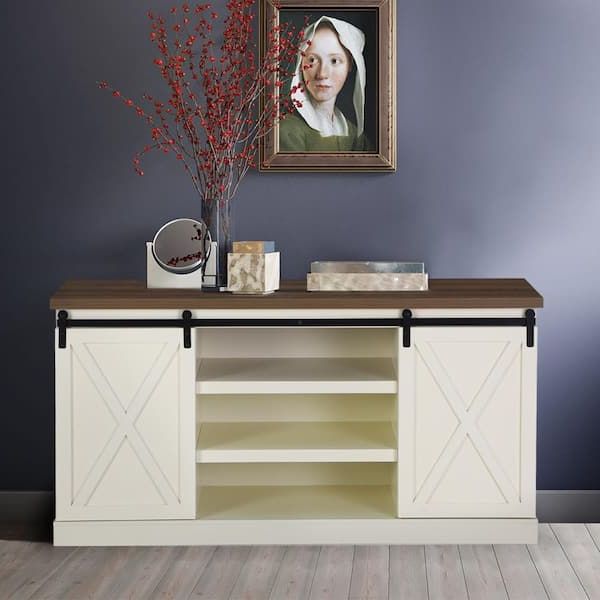 15.75 In. Ivory White Mdf Modern Buffet Sideboard With Sliding Double Barn  Door And Oak Color Table Top Thd If 532 – The Home Depot Regarding Sideboards Double Barn Door Buffet (Gallery 12 of 20)
