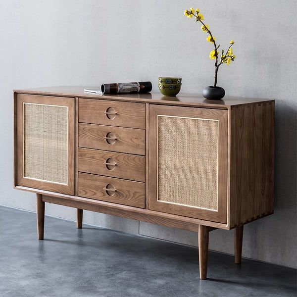 55" Cottage Walnut Sideboard Buffet Rattan With 2 Doors 4 Drawers Homary In Assembled Rattan Buffet Sideboards (View 18 of 20)