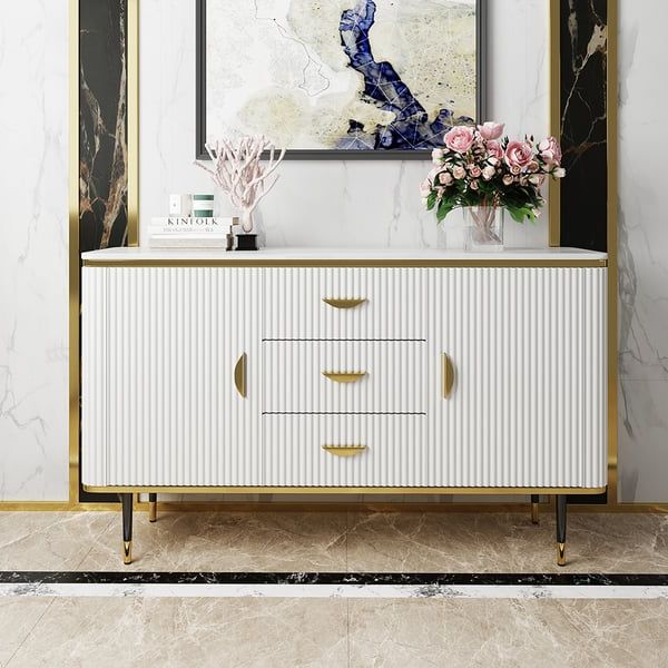 59" Modern White Sideboard With 3 Drawers & 2 Doors And Faux Marble Top In  Large Homary Regarding Sideboards With 3 Drawers (View 9 of 20)