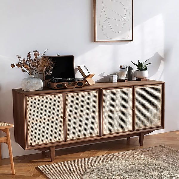 70" Nordic Walnut Sideboard Buffet Rattan Kitchen Cabinet With 4 Doors 4  Shelve In Large Homary With Regard To Assembled Rattan Buffet Sideboards (View 15 of 20)