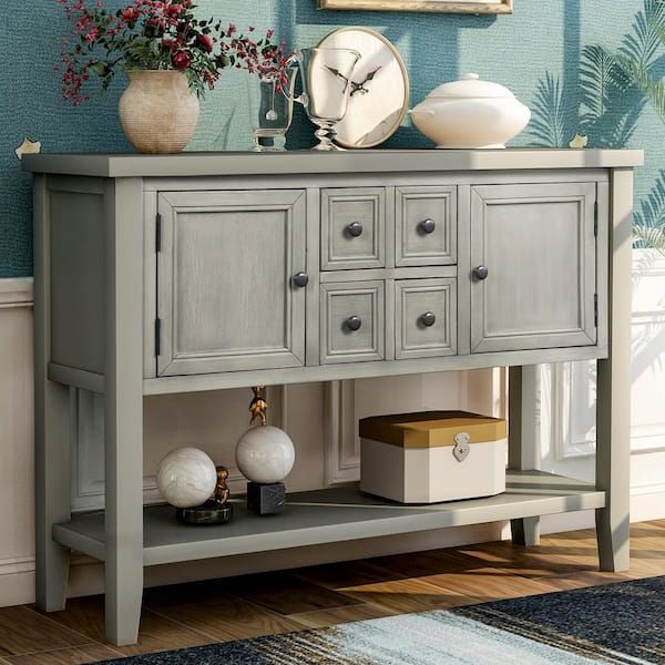 Anbazar 47 In. Grey Antique Console Table With Bottom Shelf Sideboard Buffet  With 2 Cabinets And 2 Drawers For Entryway Kz 020 E – The Home Depot Within Entry Console Sideboards (Gallery 4 of 20)