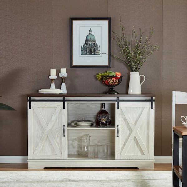 Anbazar White Buffet Sideboard With 2 Sliding Barn Doors, Kitchen Accent  Storage Cabinet With Storage Shelves For Dining Room D 001259 W – The Home  Depot Inside Sideboards Double Barn Door Buffet (View 2 of 20)