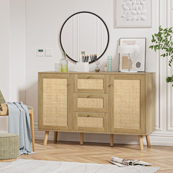 Aupodin Rattan Buffet Sideboard With 3 Drawers, Entryway Serving Accent  Storage Cabinet Natural Oak H0028 – The Home Depot Pertaining To Rattan Buffet Tables (Gallery 17 of 20)