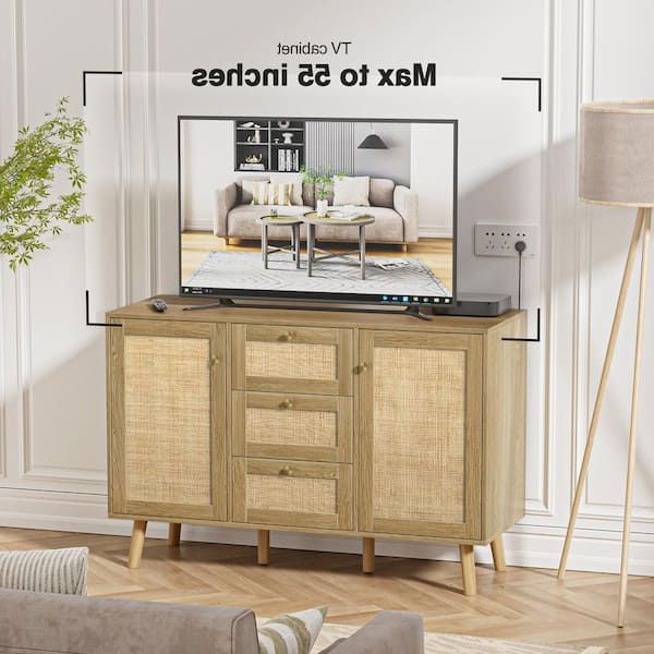 Aupodin Rattan Buffet Sideboard With 3 Drawers, Entryway Serving Accent  Storage Cabinet Natural Oak H0028 – The Home Depot Regarding Rattan Buffet Tables (View 18 of 20)