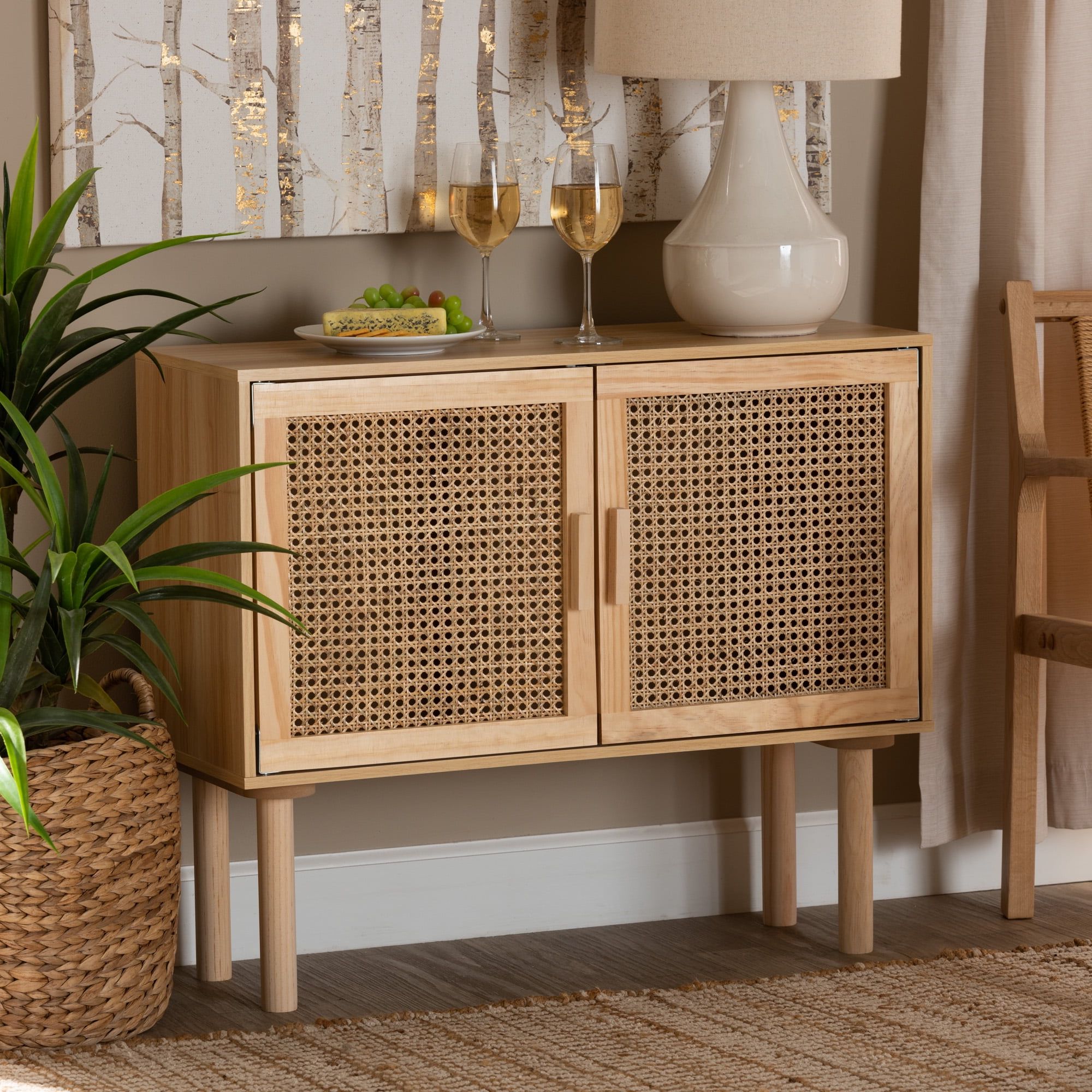 Baxton Studio Maclean Mid Century Modern Rattan And Natural Brown Finished  Wood 2 Door Sideboard Buffet – Walmart With Assembled Rattan Sideboards (View 15 of 20)