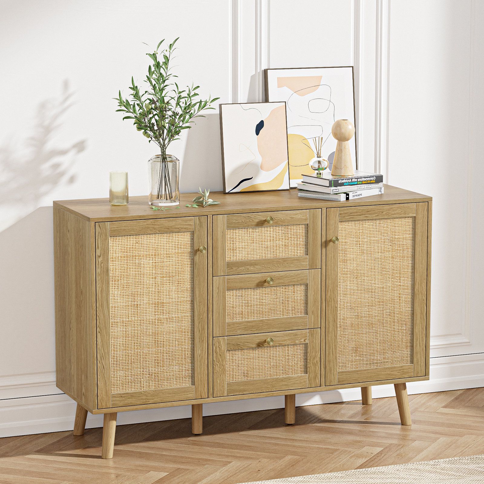 Bay Isle Home Stoudt Rattan Sideboard Buffet Cabinet, 3 Drawers And 2 Doors  Accent Storage Cabinet With Adjustable Shelves | Wayfair Inside Assembled Rattan Buffet Sideboards (View 12 of 20)