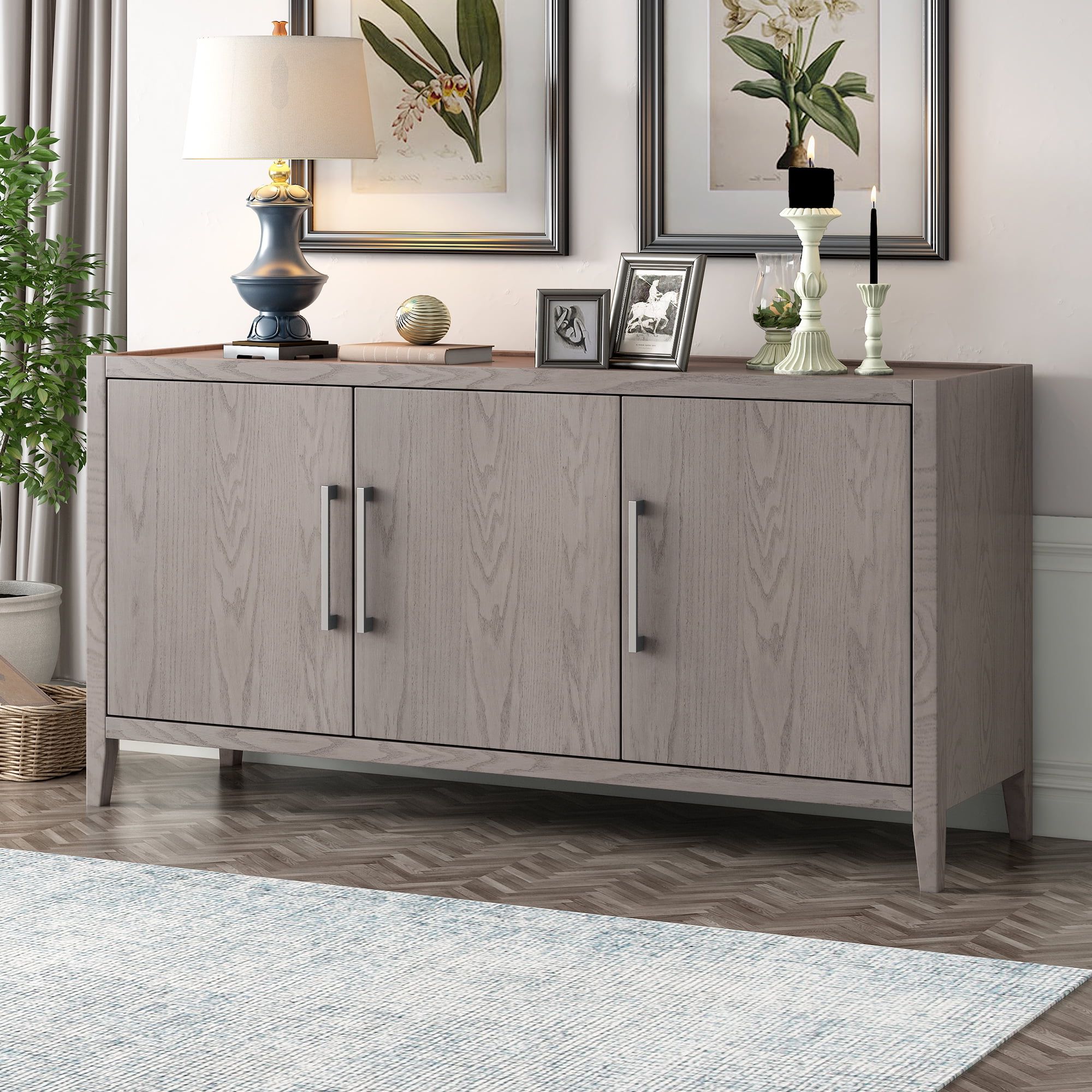Beige Storage Cabinet, Sideboard Cabinet Furniture, Accent Storage Cabinet  With 3 Doors And Adjustable Shelves, Retro Wood Buffet Sideboard, Kamida Storage  Cabinet For Kitchen Dining Room Living Room – Walmart Inside 3 Door Accent Cabinet Sideboards (Gallery 4 of 20)