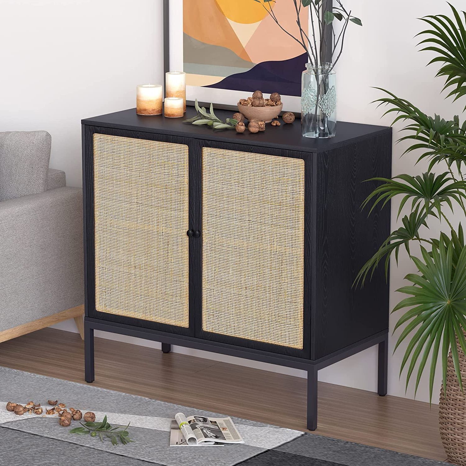 Black Boho Style Sideboard With Handmade Natural Rattan Doors, Rattan  Cabinet Console Table Storage Cabinet Buffet Cabinet, For Kitchen, Living  Room, Hallway, Entryway – Walmart Intended For Rattan Buffet Tables (Gallery 12 of 20)