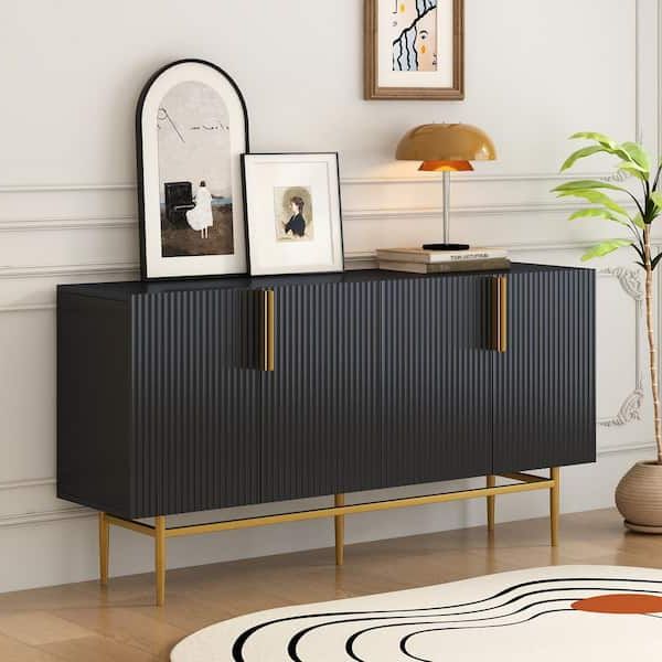Black Wood 60 In. Modern Elegant Sideboard 4 Door Buffet Cabinet Storage  Accent Cabinet With Adjustable Shelves Fy Wf304382aab – The Home Depot With Regard To 4 Door Sideboards (Gallery 3 of 20)