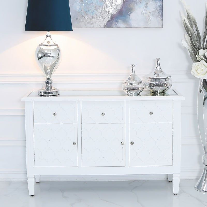 Blanca White Wooden Mirror Top 3 Door 3 Drawer Chest Cabinet Sideboard |  Picture Perfect Home Regarding White Sideboards For Living Room (Gallery 11 of 20)