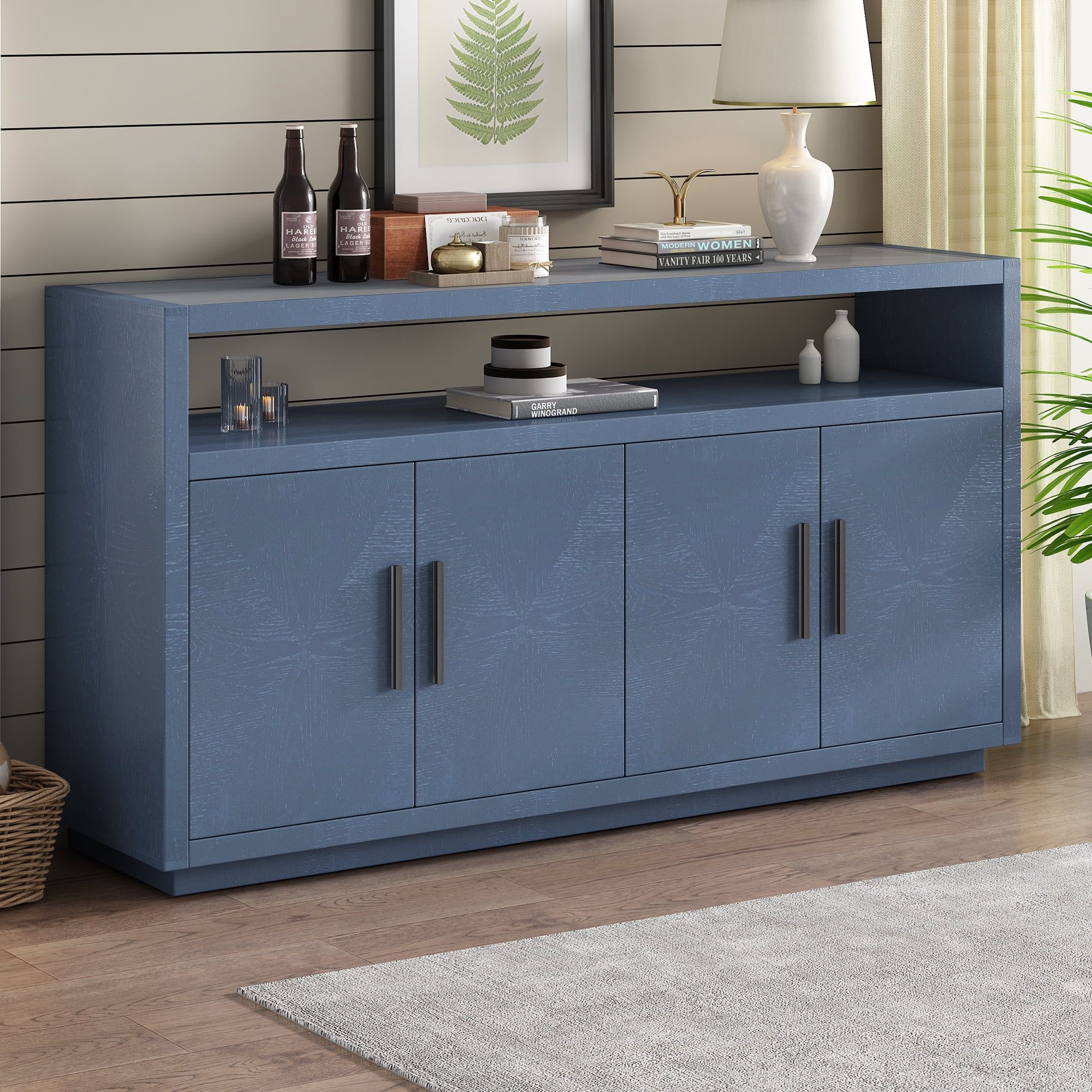 Blue Accent Cabinet, Kamida Modern Buffet Sideboard With Adjustable  Shelves, Heavy Duty Cabinet Furniture, Wooden Accent Cabinet With 4 Doors  And Glass Top, Storage Cabinet For Entryway Living Room – Walmart With Regard To Sideboards Accent Cabinet (View 10 of 20)