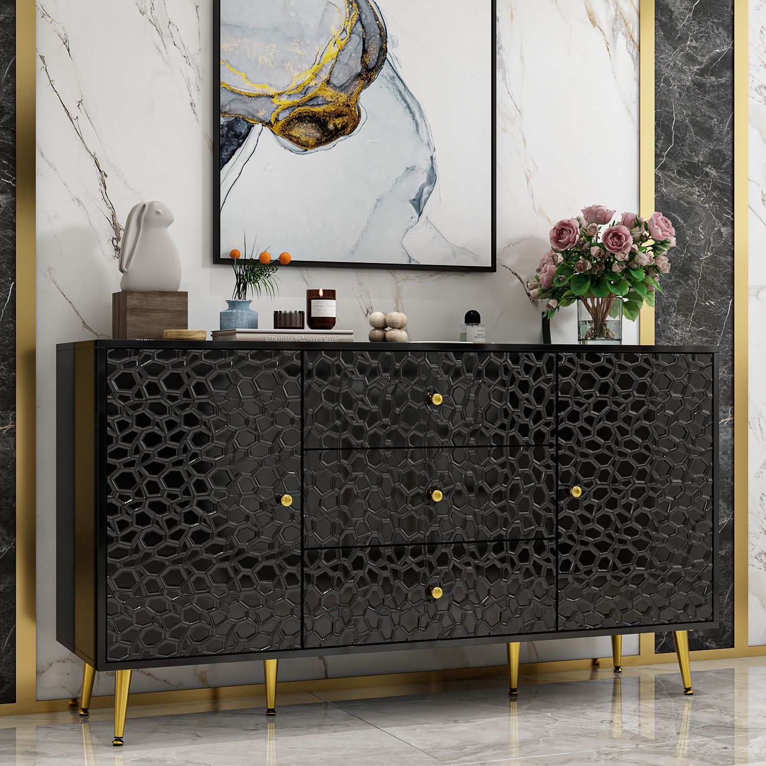 Buffet Accent Cabinet Sideboard Cabinet With Gold Legs, Black/white –   (View 4 of 20)
