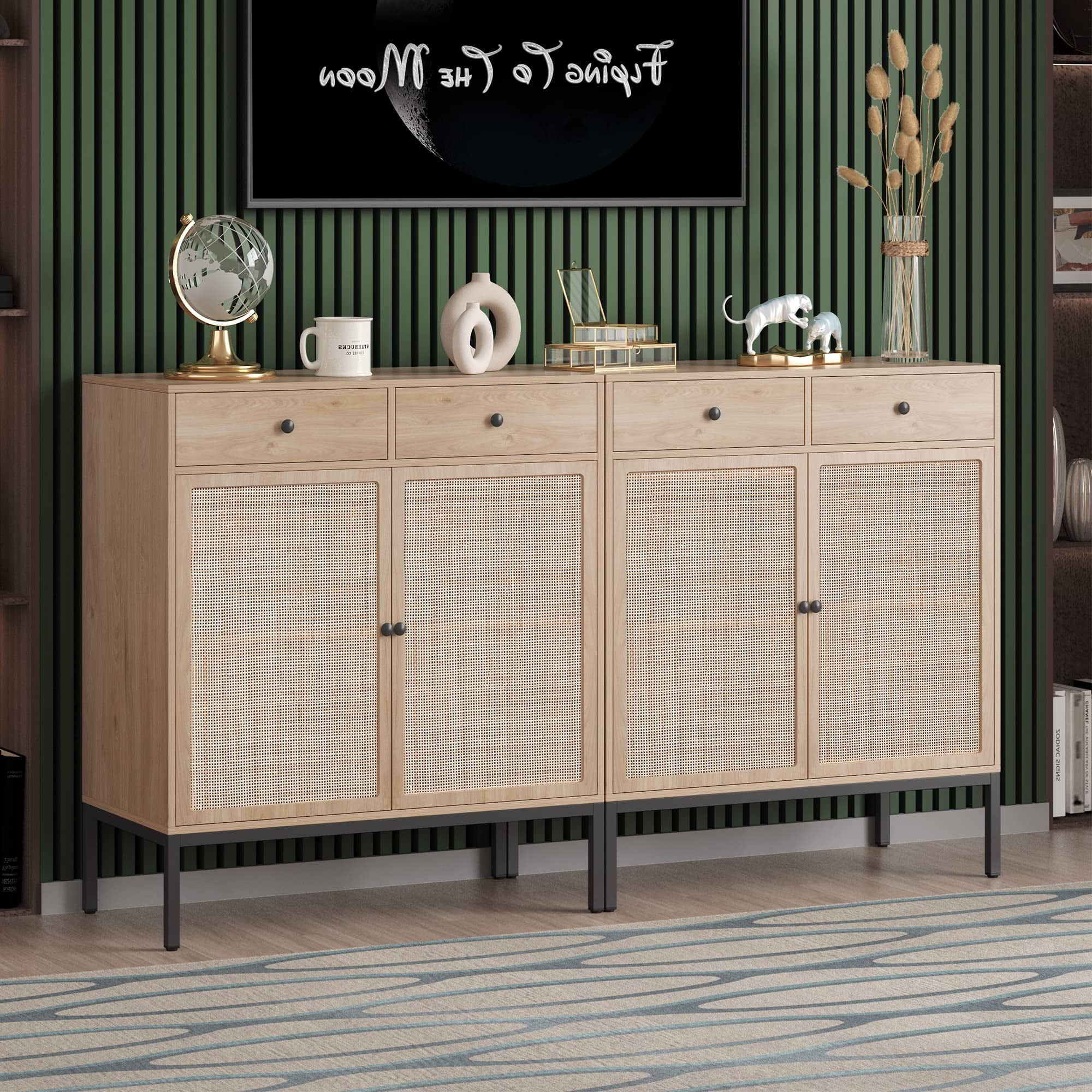 Buffet Sideboard Cabinets With Handmade Natural Rectangle Rattan Doors Set  Of 2, Accent Oak Color Entryway Chest Console Table With Storage Cabinet  For Dining Room, Living Room, Kitchen – Walmart With Regard To Assembled Rattan Buffet Sideboards (View 9 of 20)