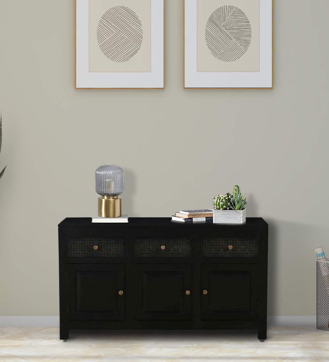 Buy Kawung Solid Wood Sideboard In Scratch Resistant Ebony Finish With 3  Doors At 10% Offwoodsworth From Pepperfry | Pepperfry Intended For Sideboards With Breathable Mesh Doors (Gallery 10 of 20)