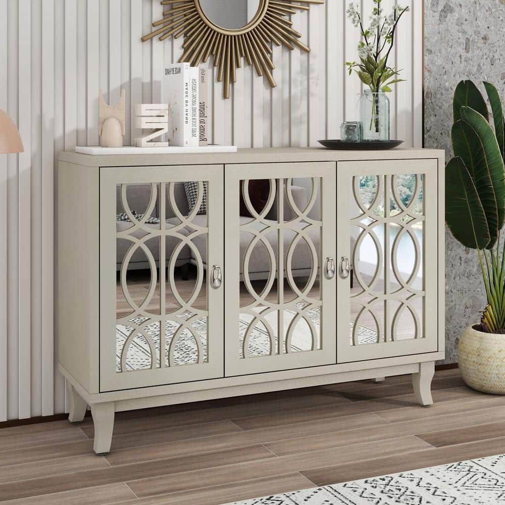 Champagne Wood 47.2 In. Sideboard Modern Buffet Cabinet Storage Console  With 3 Glass Doors And Adjustable Shelves Fy Wf304918aan – The Home Depot Pertaining To Sideboards With Power Outlet (Gallery 7 of 20)