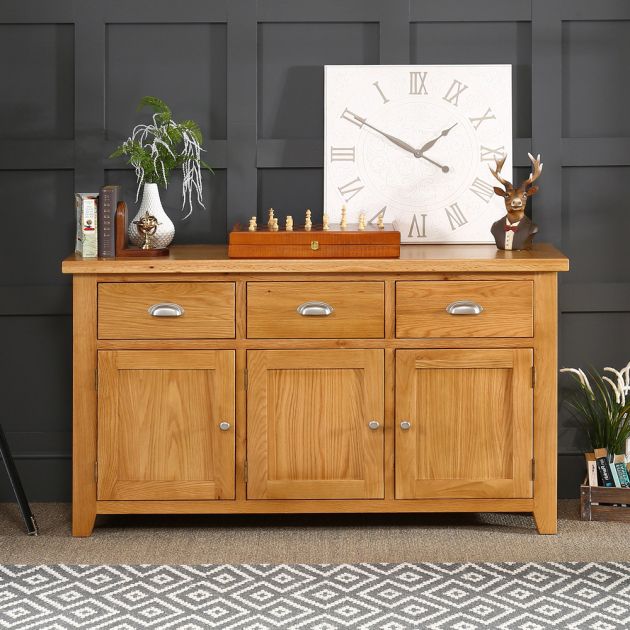 Cheshire Oak Large 3 Drawer 3 Door Sideboard | The Furniture Market For Sideboards With 3 Doors (Gallery 10 of 20)