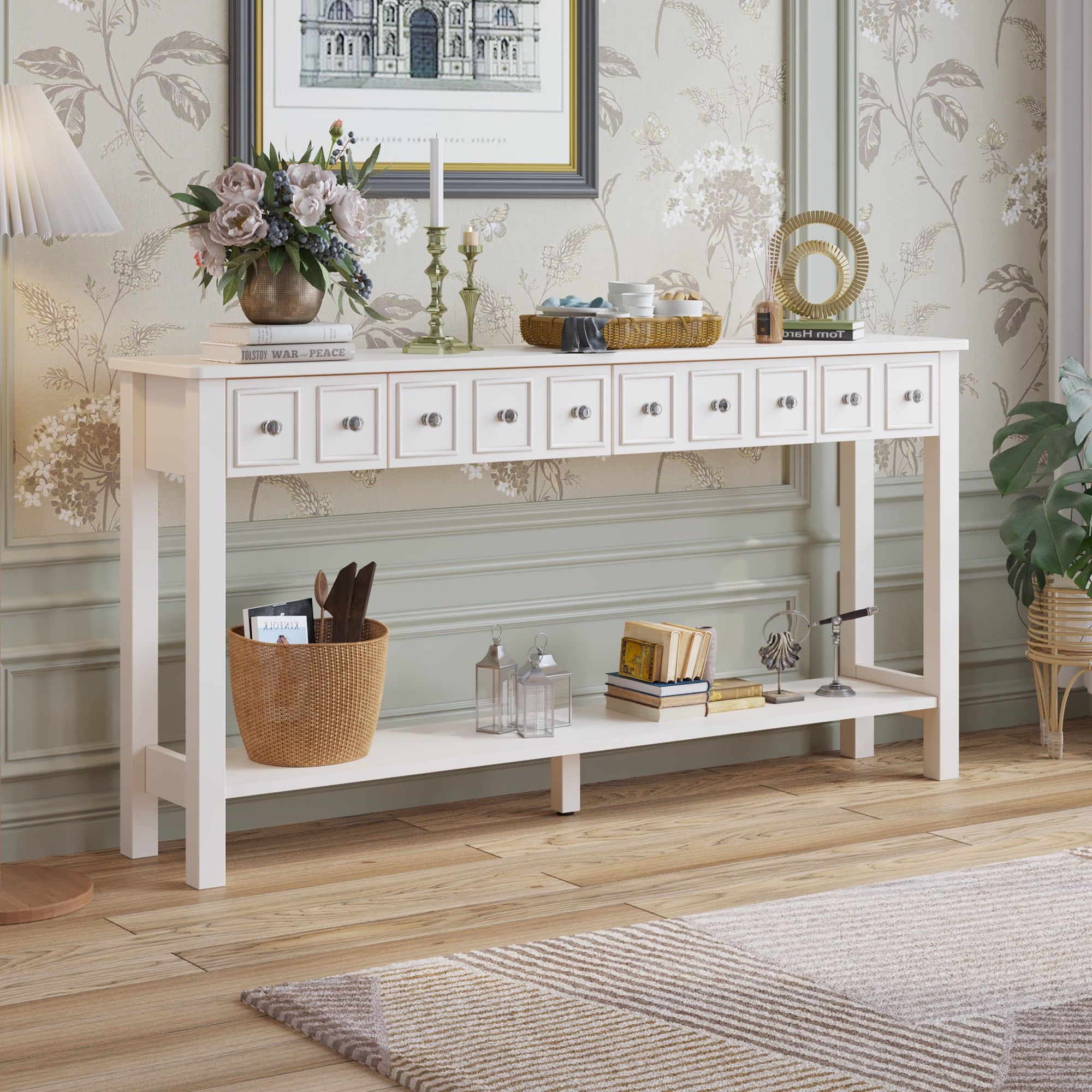 Console Sofa Table With 4 Drawers, 58'' Wood Buffet Sideboard Desk W/bottom  Shelf, Retro Tall Entryway Table W/ Mdf Panel For Kitchen Dining Room  Cupboard, 144lbs, Ivory White, Ss1202 – Walmart With Sideboards Cupboard Console Table (Gallery 6 of 20)