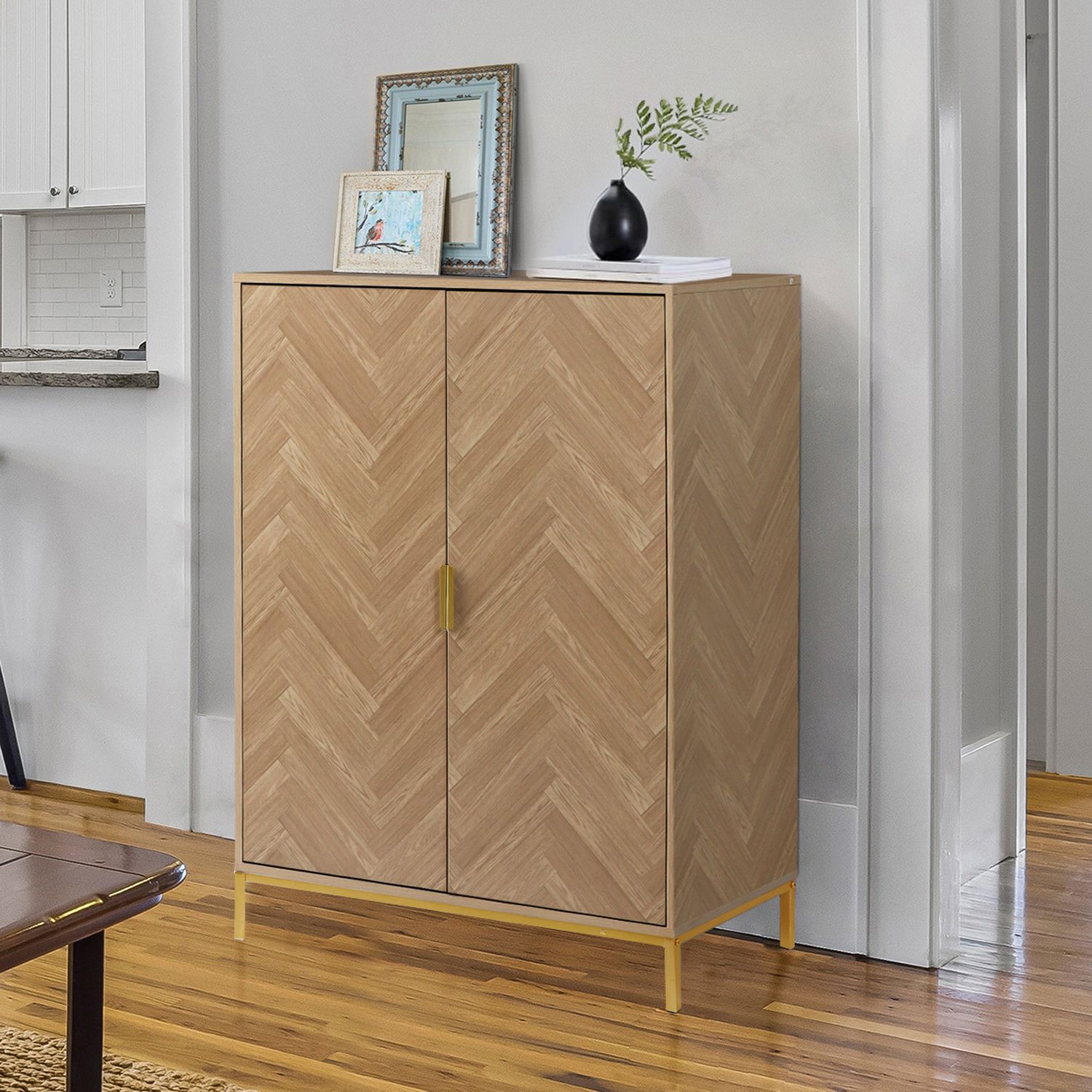 Corrigan Studio® Herringbone Wood Accent Storage Cabinet With 2 Doors,  Natural Oak Tall Sideboard Cupboard With Adjustable Shelves For Living Room  Kitchen Hallway Entryway & Reviews | Wayfair For Sideboards For Entryway (Gallery 19 of 20)