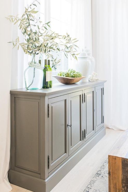 Dark Gray Buffet Cabinet With White Lidded Vases – Transitional – Dining  Room In Sideboard Buffet Cabinets (Gallery 17 of 20)