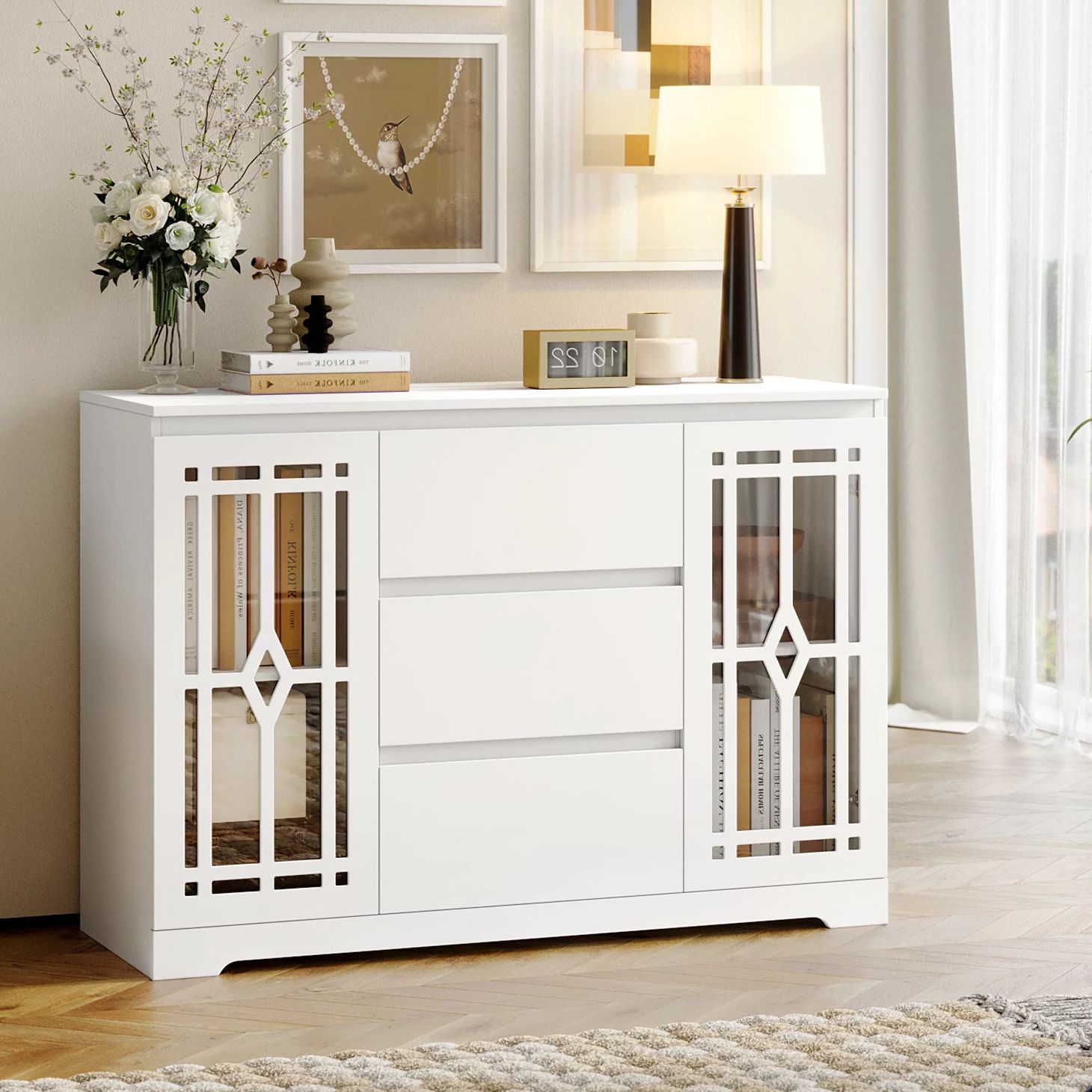 Ebern Designs Edurne 45.7" Wide 2 Door Sideboards With 3 Drawers, White |  Wayfair Pertaining To Sideboards With 3 Drawers (Gallery 8 of 20)