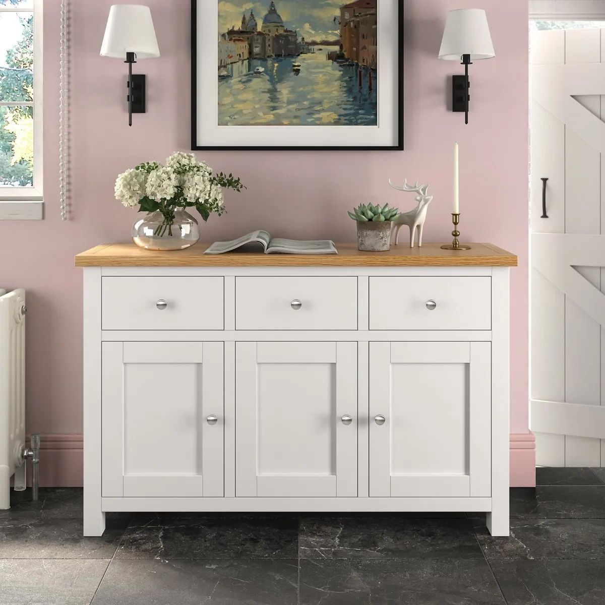 Farrow White Large Sideboard Cabinet Painted Solid Wood 3 Doors Storage  Cupboard | Ebay With Regard To 3 Doors Sideboards Storage Cabinet (View 2 of 20)