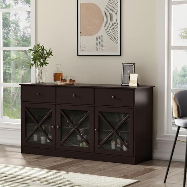 Fufu&gaga 62 In. Dark Brown Sideboard With 3 Drawer And 3 Doors White  Cabinets With Large Storage Spaces Kf260033 02 – The Home Depot Intended For Sideboard Storage Cabinet With 3 Drawers & 3 Doors (Gallery 5 of 20)