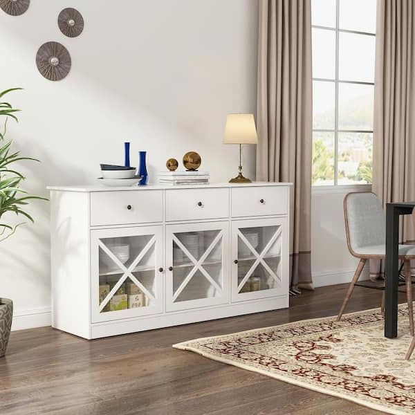 Fufu&gaga 62 In. White Sideboard With 3 Drawer And 3 Doors White Cabinets  With Large Storage Spaces Kf260033 01 – The Home Depot In Sideboard Storage Cabinet With 3 Drawers & 3 Doors (Gallery 6 of 20)