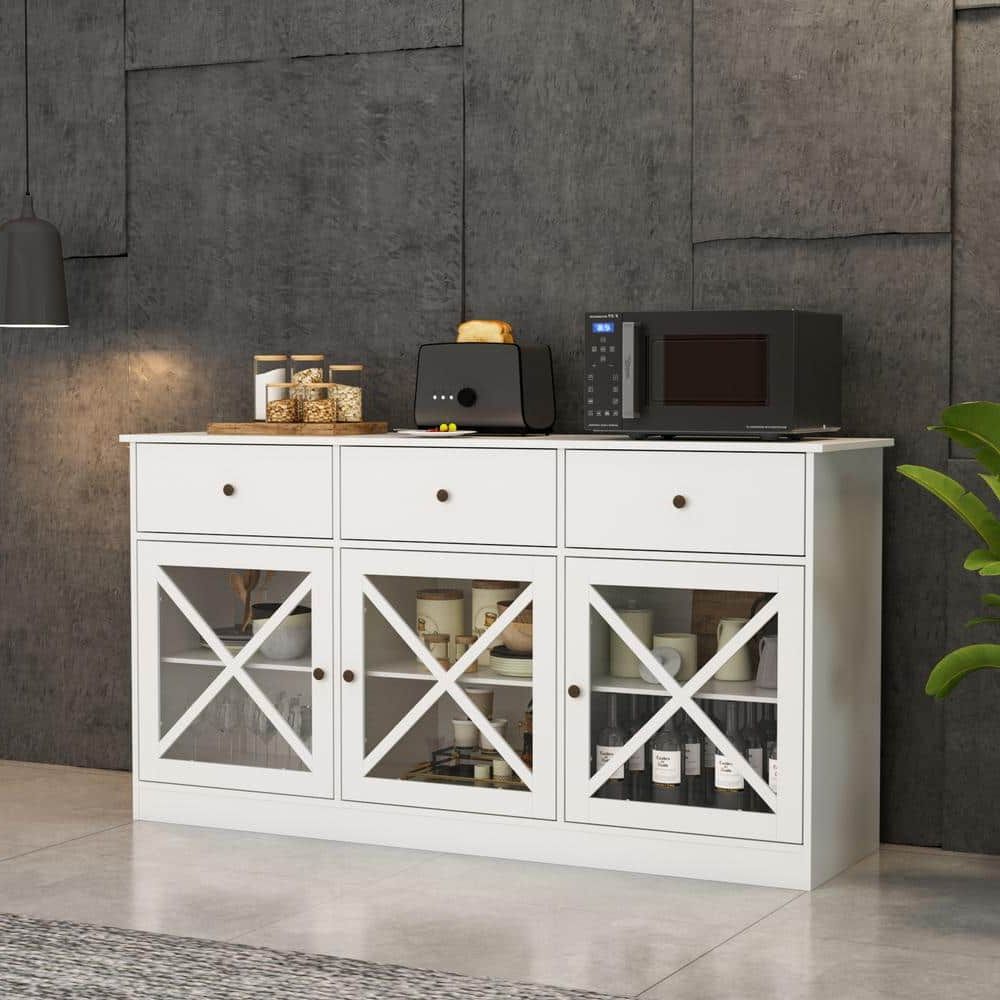 Fufu&gaga 62 In. White Sideboard With 3 Drawer And 3 Doors White Cabinets  With Large Storage Spaces Kf260033 01 – The Home Depot In Sideboards With 3 Doors (Gallery 13 of 20)