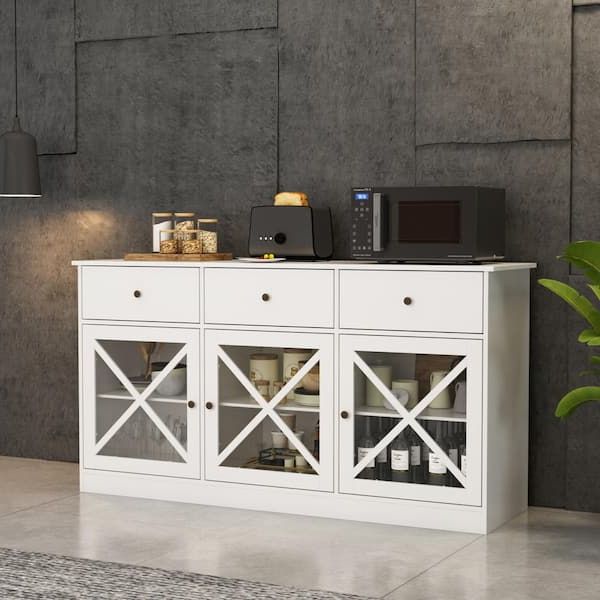 Fufu&gaga 62 In. White Sideboard With 3 Drawer And 3 Doors White Cabinets  With Large Storage Spaces Kf260033 01 – The Home Depot Regarding Sideboards With 3 Drawers (Gallery 4 of 20)