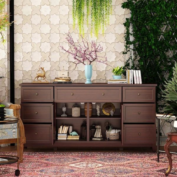 Fufu&gaga 63 In. L Red Brown Rectangle Wood Grain Console Table Entryway  Table Sideboard Hallway Living Room With Doors, Drawers Kf390016 01 – The  Home Depot With Regard To Entry Console Sideboards (Gallery 14 of 20)