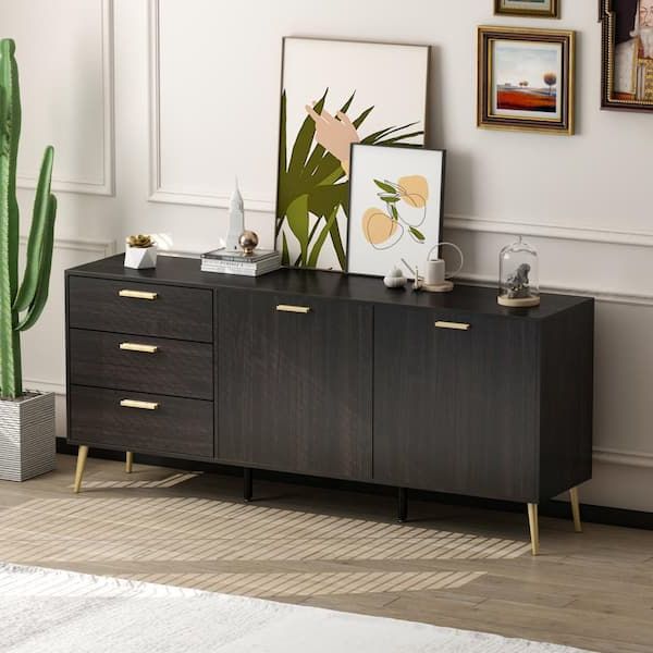 Fufu&gaga 69 In. Black Wood 2 Door And 3 Drawers Storage Accent Cabinet  With Metal Leg Storage Cupboard, Tv Stand Buffet Sideboard Tcht Kf200106 –  The Home Depot Regarding Sideboards Accent Cabinet (Gallery 19 of 20)
