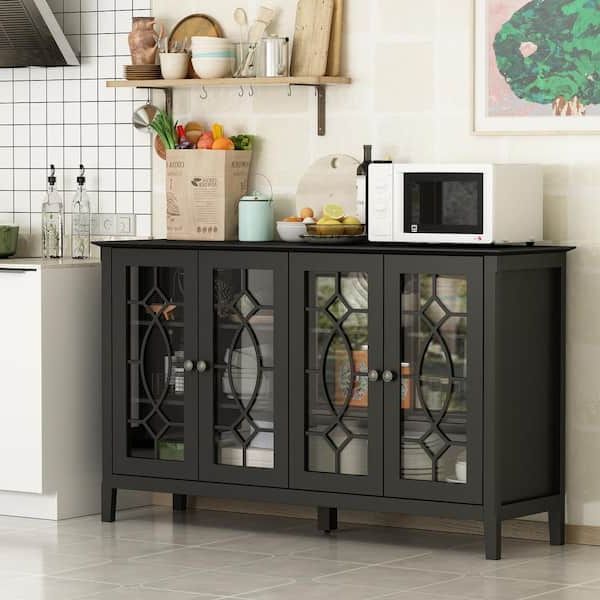 Fufu&gaga Black Modern Wood Buffet Sideboard With Storage Cabinet, Glass  Doors, And Adjustable Shelves For Kitchen Dining Room Kf330001 02 – The  Home Depot Inside Buffet Tables For Dining Room (Gallery 7 of 20)