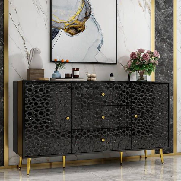 Fufu&gaga Black Wooden 55.1 In. Width, Sideboard, Storage Cabinet, Dresser,  Chest Of Drawers With 2 Doors, 3 Drawers & 4 Shelves Lbb Kf260074 01 C1 –  The Home Depot Regarding 3 Drawers Sideboards Storage Cabinet (Gallery 4 of 20)