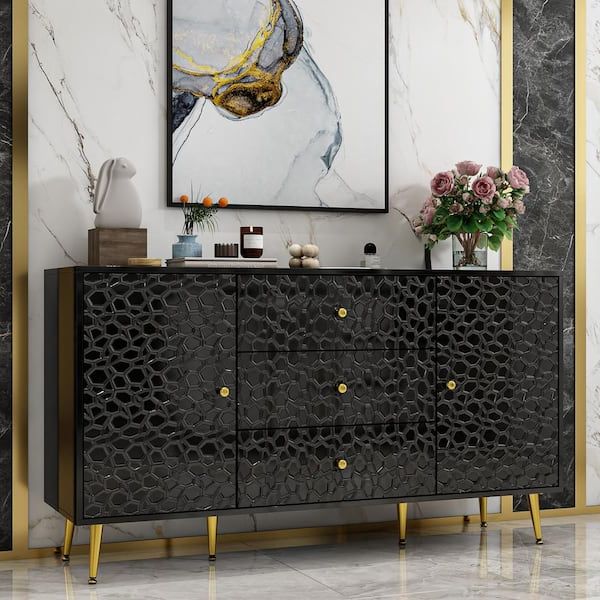 Fufu&gaga Black Wooden 55.1 In. Width, Sideboard, Storage Cabinet, Dresser,  Chest Of Drawers With 2 Doors, 3 Drawers & 4 Shelves Lbb Kf260074 01 C1 –  The Home Depot Throughout Sideboard Storage Cabinet With 3 Drawers & 3 Doors (Gallery 17 of 20)