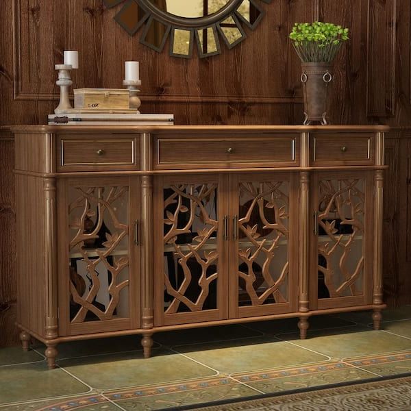 Fufu&gaga Brown Distressed Paint Finish Buffets & Sideboards Storage  Cabinet With Hollow Out Carved Glass Doors And Drawers Kf390002 01 – The  Home Depot For Brown Finished Wood Sideboards (Gallery 11 of 20)