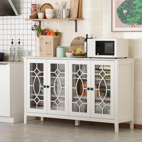 Fufu&gaga Modern White Wood Buffet Sideboard With Storage Cabinet, Glass  Doors, And Adjustable Shelves For Kitchen Dining Room Kf330001 01 – The  Home Depot Intended For Buffet Tables For Dining Room (Gallery 5 of 20)