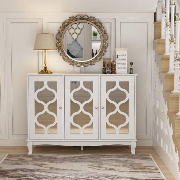 Fufu&gaga White Mirrored Wooden Accent Storage Cabinet, Sideboard, Wine Storage  Cabinet With 3 Doors And 6 Shelves Lbb Kf330040 01 – The Home Depot Inside 3 Door Accent Cabinet Sideboards (View 7 of 20)