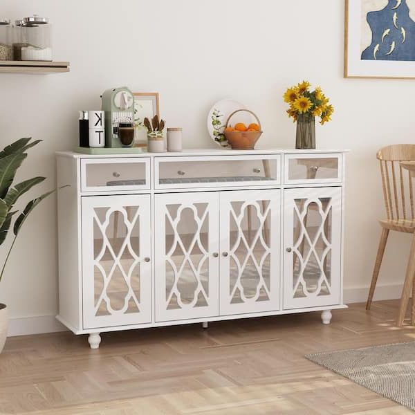 Fufu&gaga White Paint 4 Doors Mirrored Buffet Cabinet Sideboard With 3  Mirror Drawers And Adjustable Shelves For Kitchen Dining Kf330041 01 – The  Home Depot Inside Buffet Cabinet Sideboards (View 13 of 20)