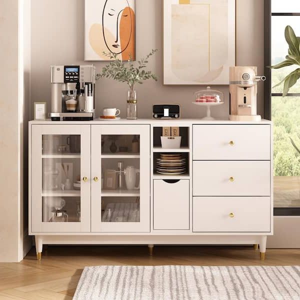 Fufu&gaga White Wooden Accent Storage Cabinet, Sideboard With 3 Drawers, 1  Door And 6 Shelves Lbb Kf020259 02 – The Home Depot Inside 3 Door Accent Cabinet Sideboards (View 12 of 20)