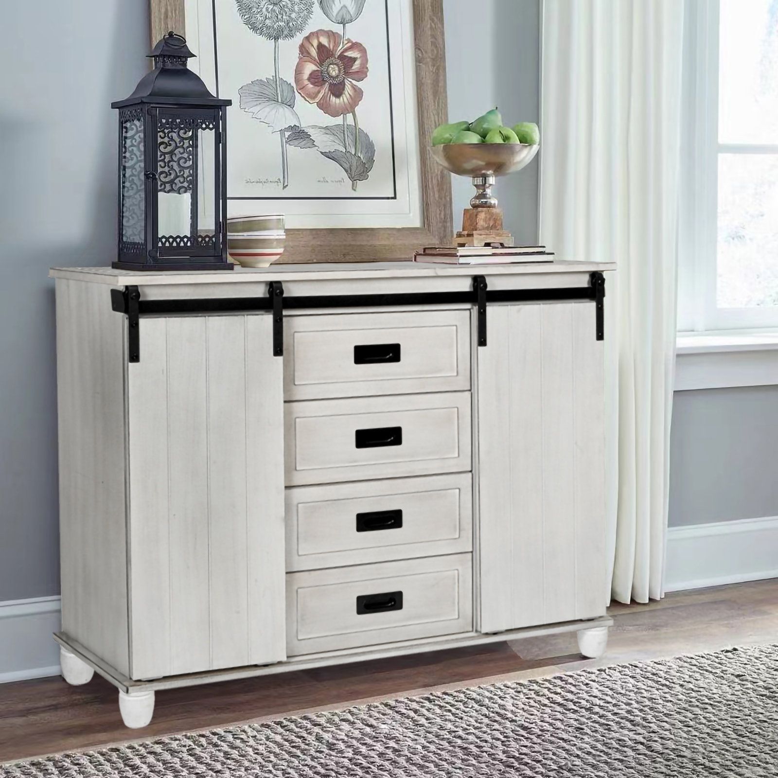Gracie Oaks Redgate 45" Wide White Storage Cabinet Sideboard With 4 Drawers  And 2 Sliding Barn Doors & Reviews | Wayfair In Sideboards Double Barn Door Buffet (View 7 of 20)