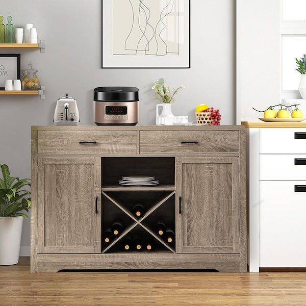 Gymax 52 In. W Kitchen Storage Buffet Cabinet Farmhouse Wooden Sideboard  W/2 Drawer And Wine Rack Gym09738 – The Home Depot Regarding Storage Cabinet Sideboards (Gallery 12 of 20)