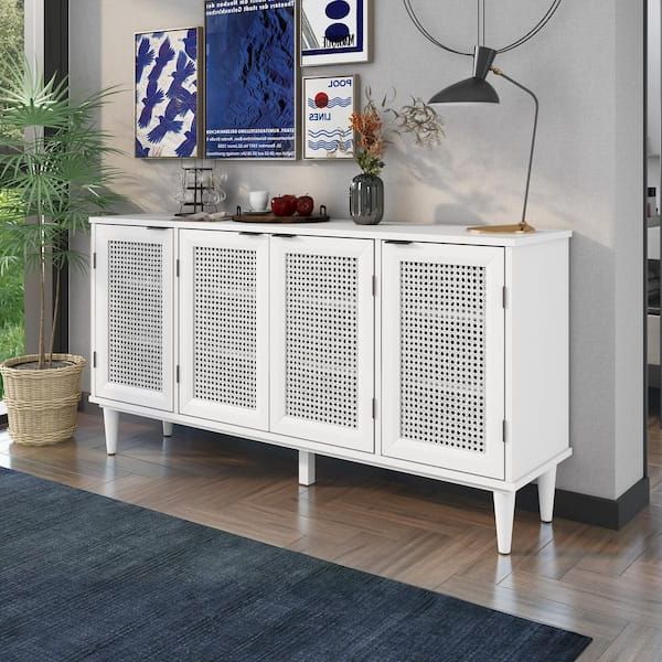 Harper & Bright Designs Large Storage White Sideboard Buffet With  Artificial Rattan Door Xw026aak – The Home Depot Inside Assembled Rattan Sideboards (Gallery 17 of 20)