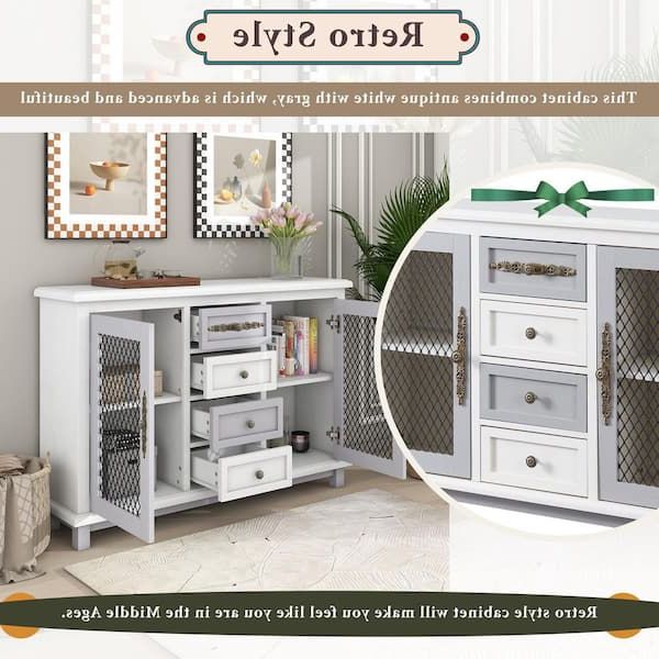 Harper & Bright Designs Retro Style White Sideboard With 4 Drawers And 2  Iron Mesh Doors Xw046aaa – The Home Depot For Sideboards With Breathable Mesh Doors (View 7 of 20)