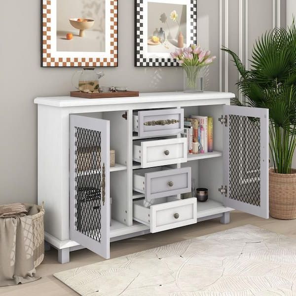Harper & Bright Designs Retro Style White Sideboard With 4 Drawers And 2  Iron Mesh Doors Xw046aaa – The Home Depot Throughout Sideboards With Breathable Mesh Doors (Gallery 2 of 20)