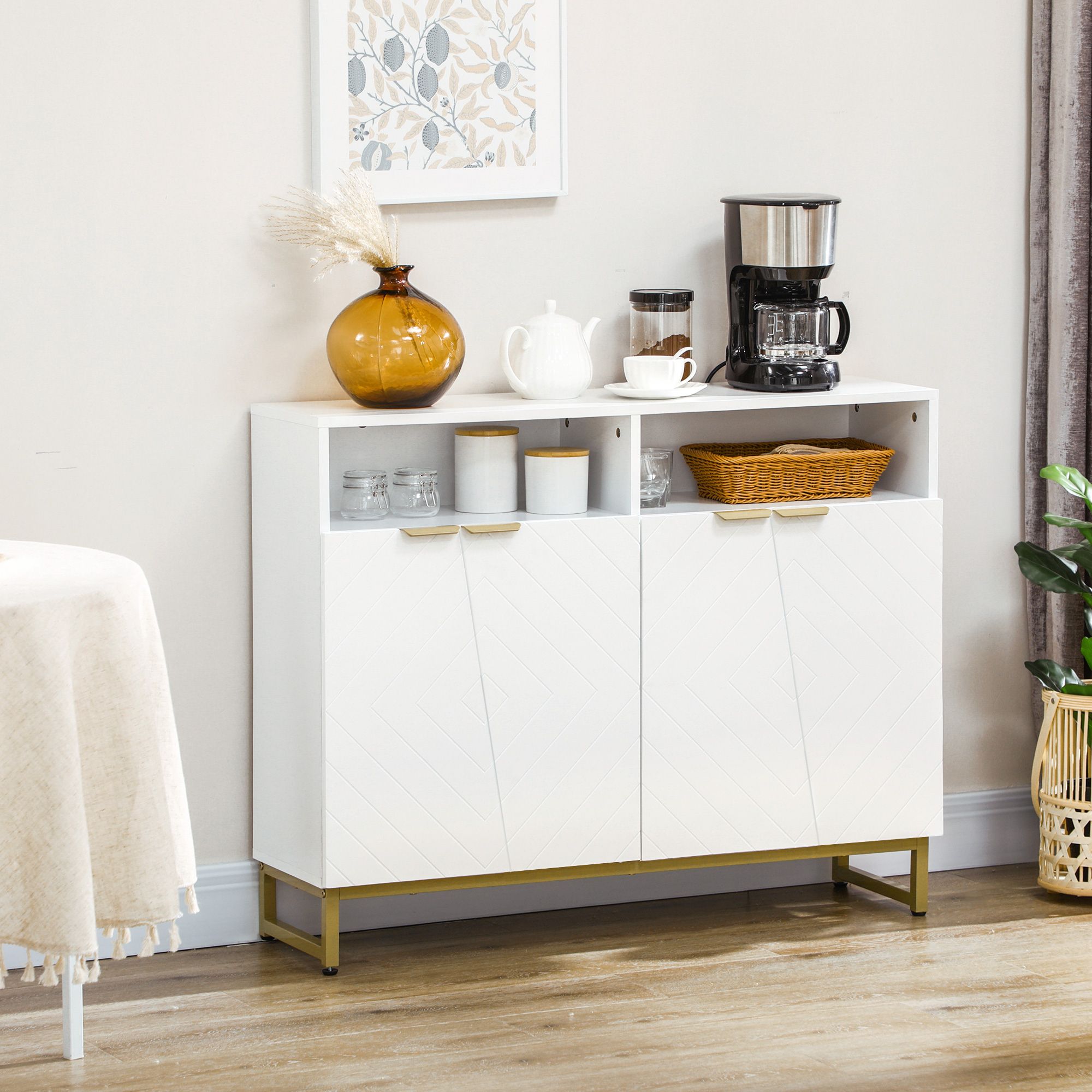 Homcom Accent Sideboards, Kitchen Storage Cabinet With 4 Doors, Adjustable  Shelves, Metal Base For Living Room, Hallway, White | Aosom Canada For Sideboards With Adjustable Shelves (Gallery 13 of 20)