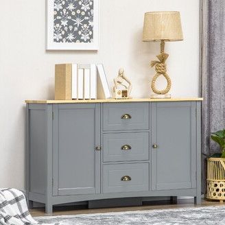 Homcom Buffet Cabinet With 3 Storage Drawers And Adjustable Shelves, 2 Door  Sideboard With Rubber Wood Top, Coffee Bar For Living Room, Gray – Shopstyle With Regard To Sideboards With Rubberwood Top (View 18 of 20)