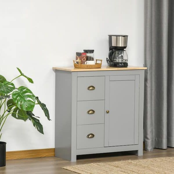 Homcom Grey Floor Cabinet, Storage Sideboard With Rubberwood Top, 3 Drawers  838 187gy – The Home Depot Within Sideboards With Rubberwood Top (View 11 of 20)